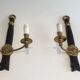 Pair of Black Lacquered Bronze Wall Lamps with Lions' Head Decorations. Around 1970