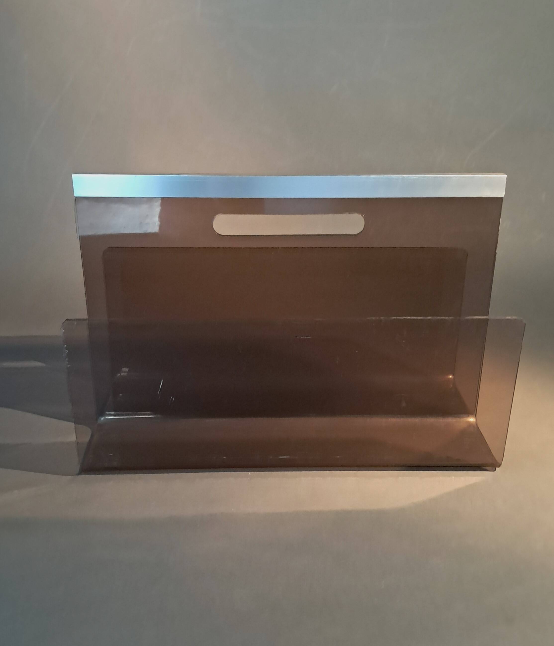 Smoked plexiglass magazine rack, Michel Dumas 1970.