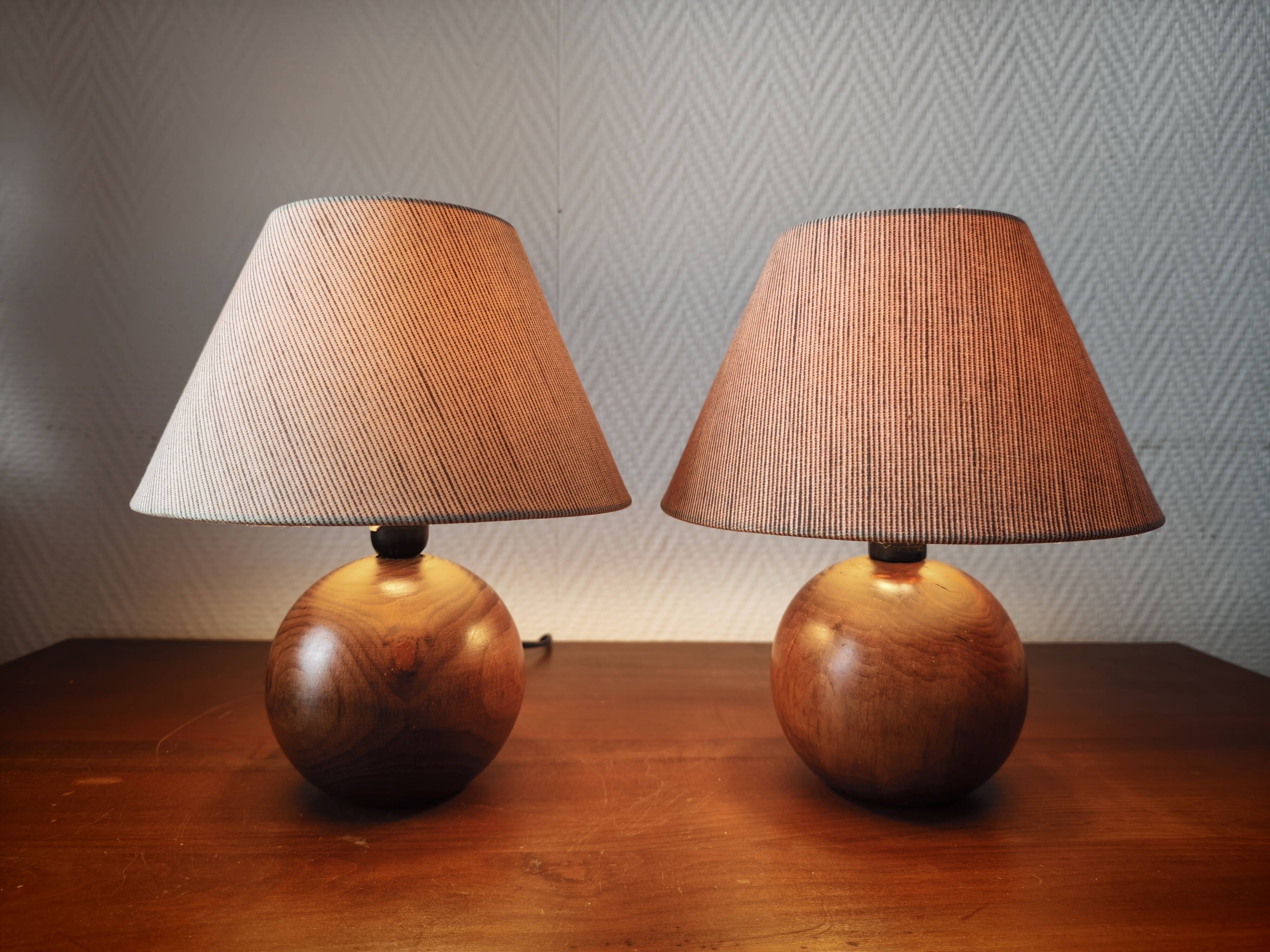 Pair of solid wood ball lamps 1980
