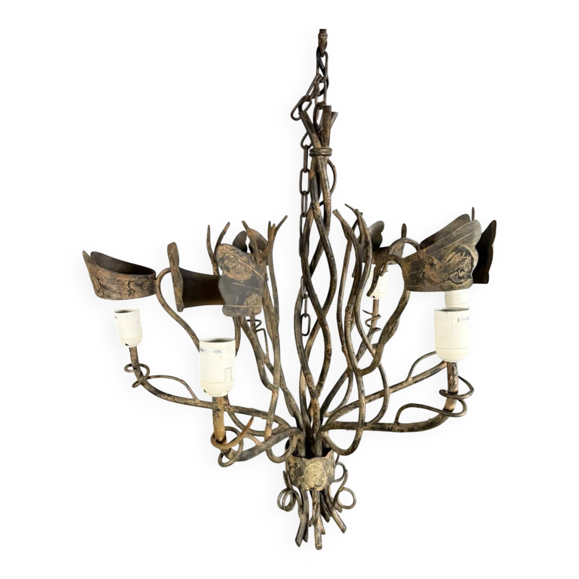 Vintage iron chandelier with rust patina circa 1980