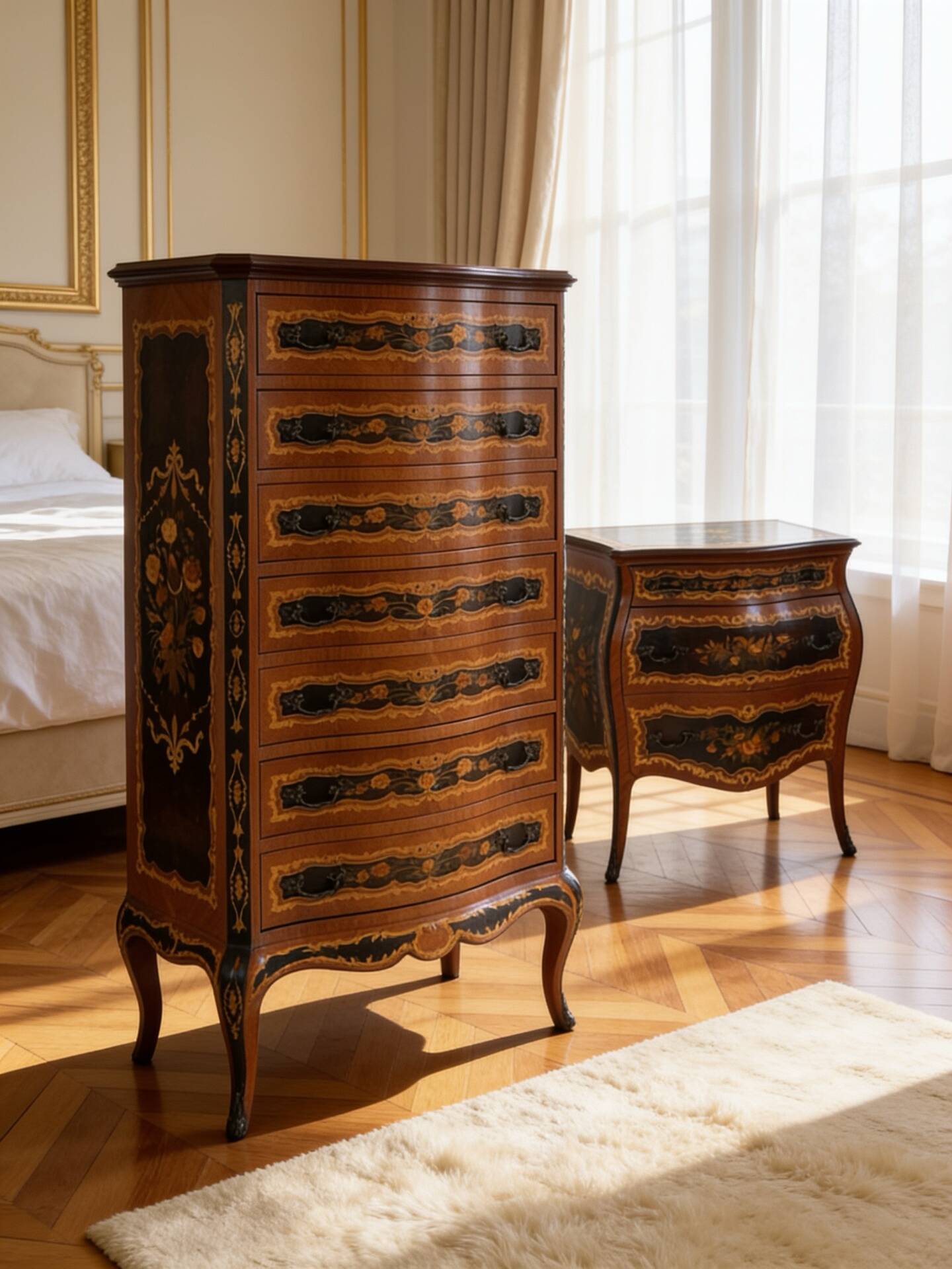 Wooden bedroom suite with inlays in mid-century Italian style, by Pacifici Prete, Rome.