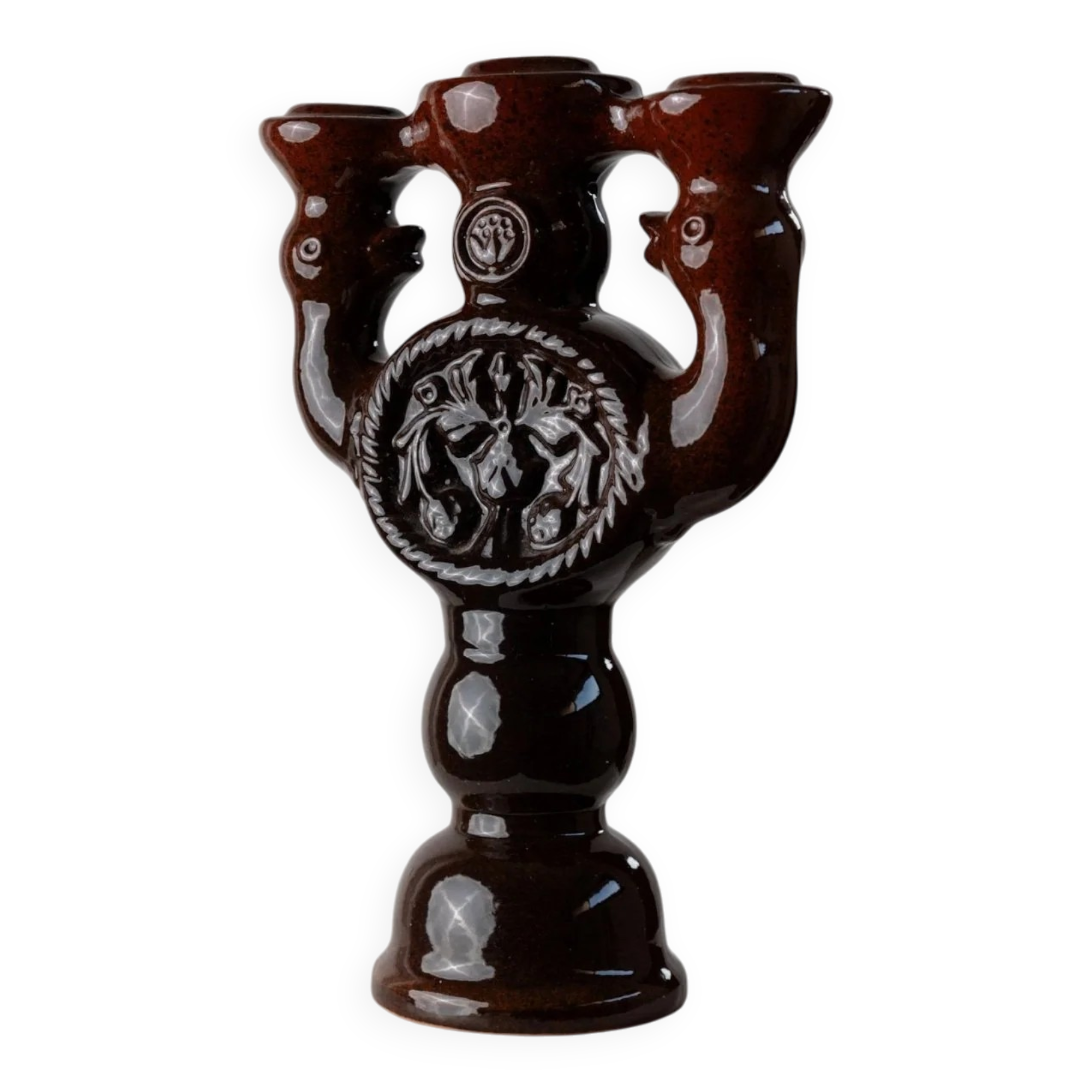 Large brown glazed ceramic candle holder for 3 candles - Brutalist mid-century Estonian design, 1960s