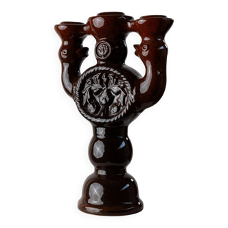 Large brown glazed ceramic candle holder for 3 candles - Brutalist mid-century Estonian design, 1960s
