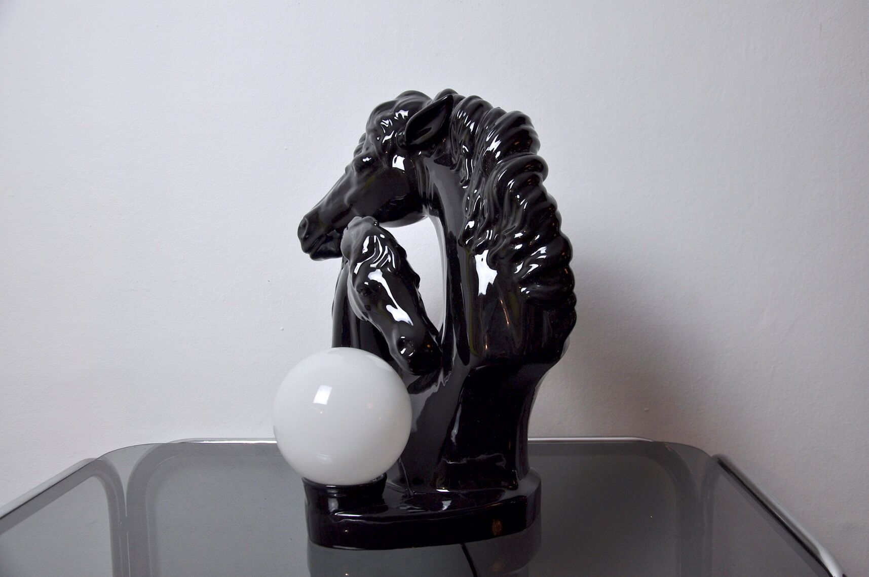 Black ceramic regency "Chevaux" lamp, France, 1980
