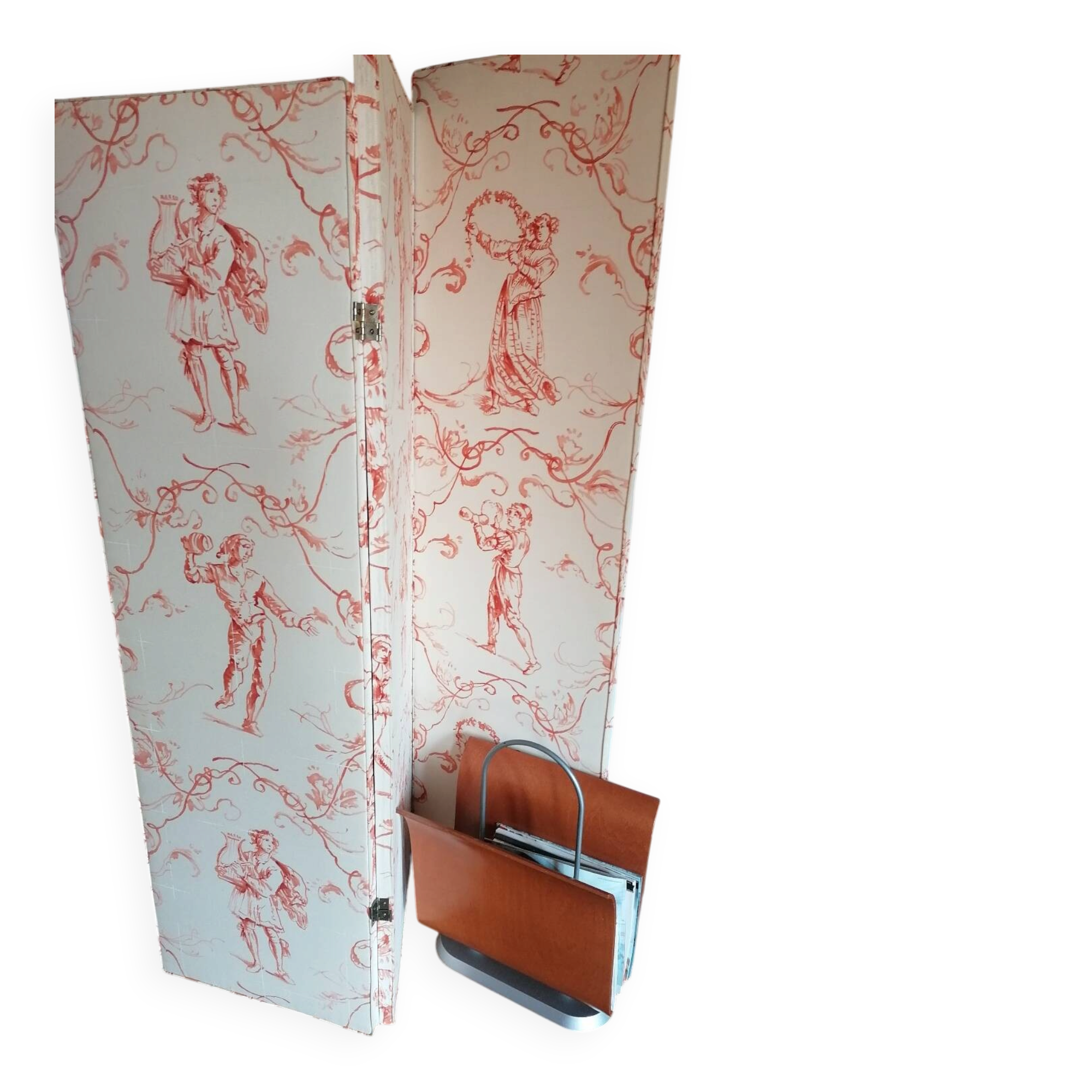 Rare folding screen with notches "Pierre Frey fabric" upholstery finish.