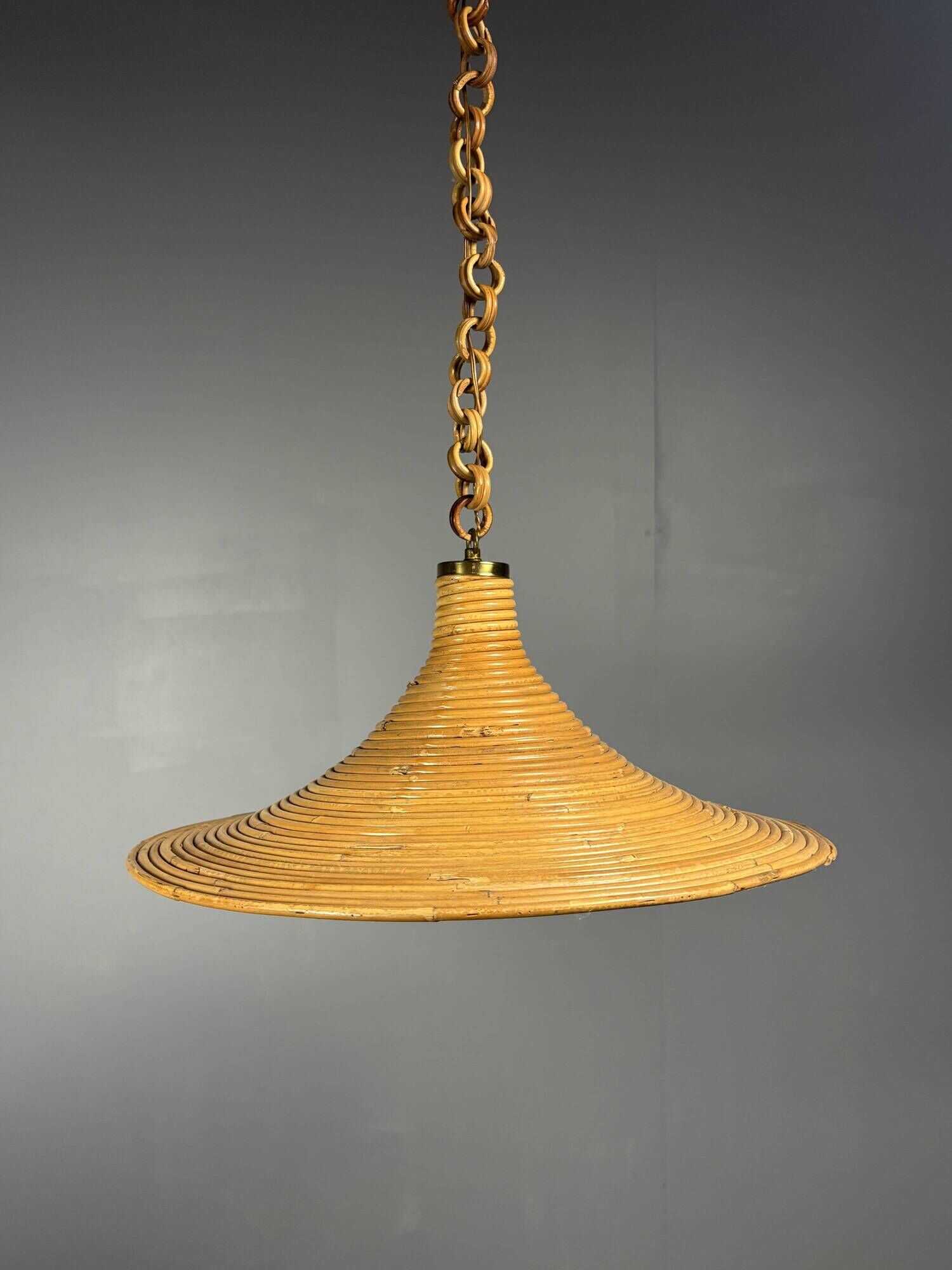 Mid-Century Italian witch hat pencil reed rattan bamboo and brass pendant
