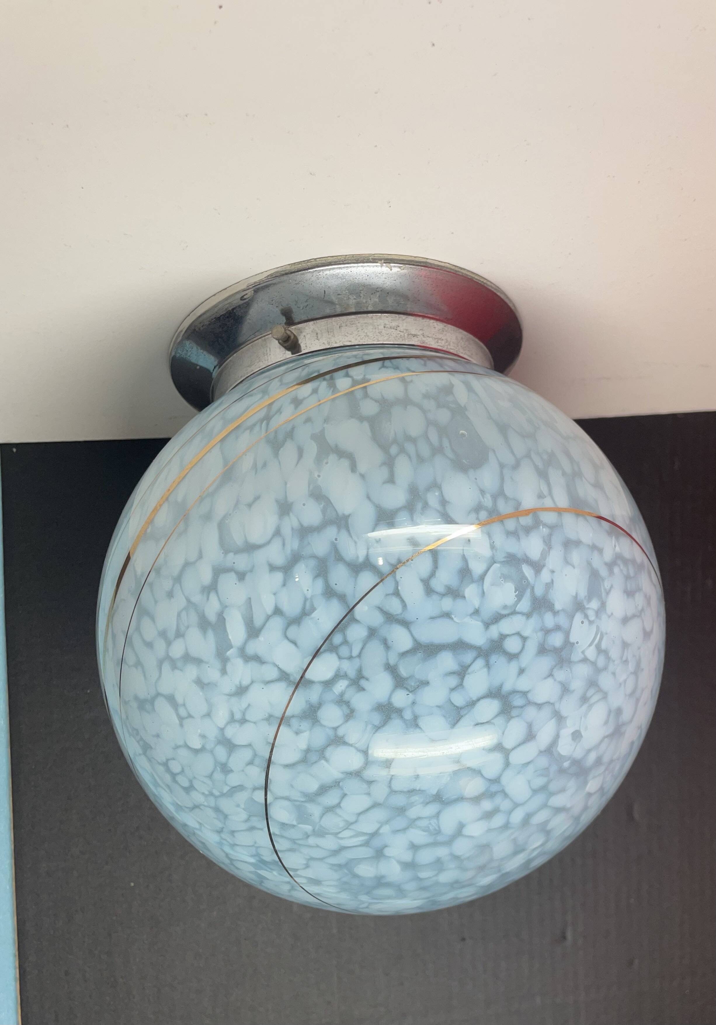 Old glass globe ceiling light clichy opaline metal base support art deco
