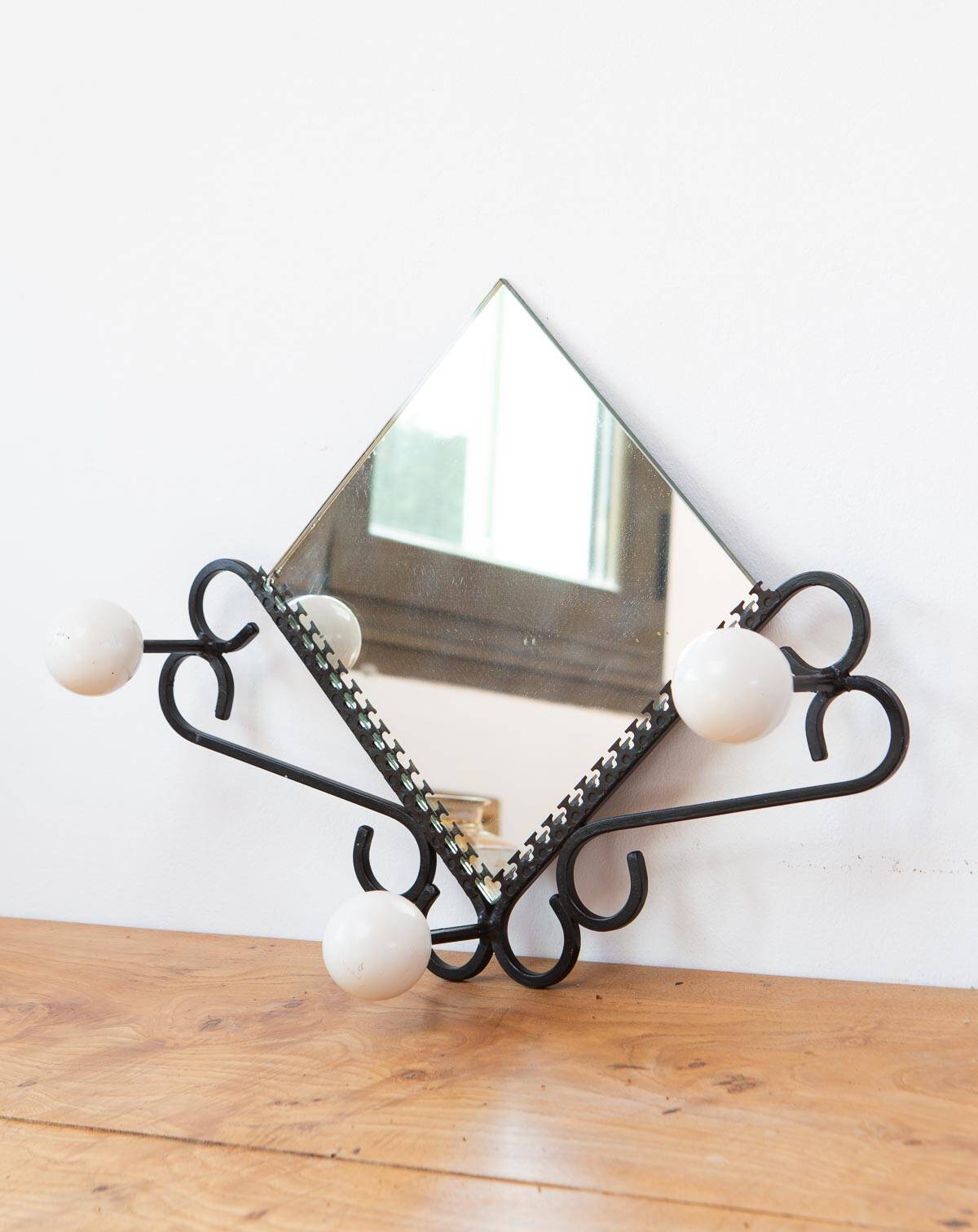 Small French wrought iron coat rack with mirror c. 1950