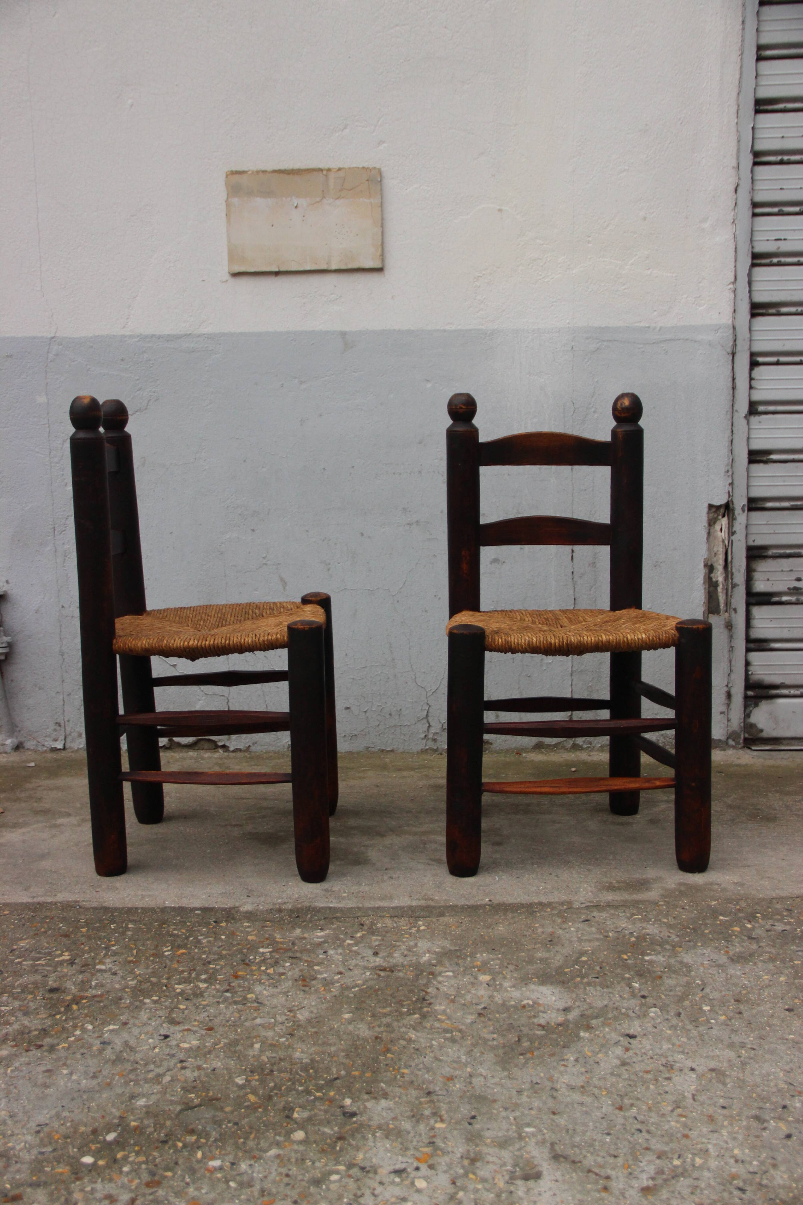 Pair of chairs in solid oak and rope, raw art