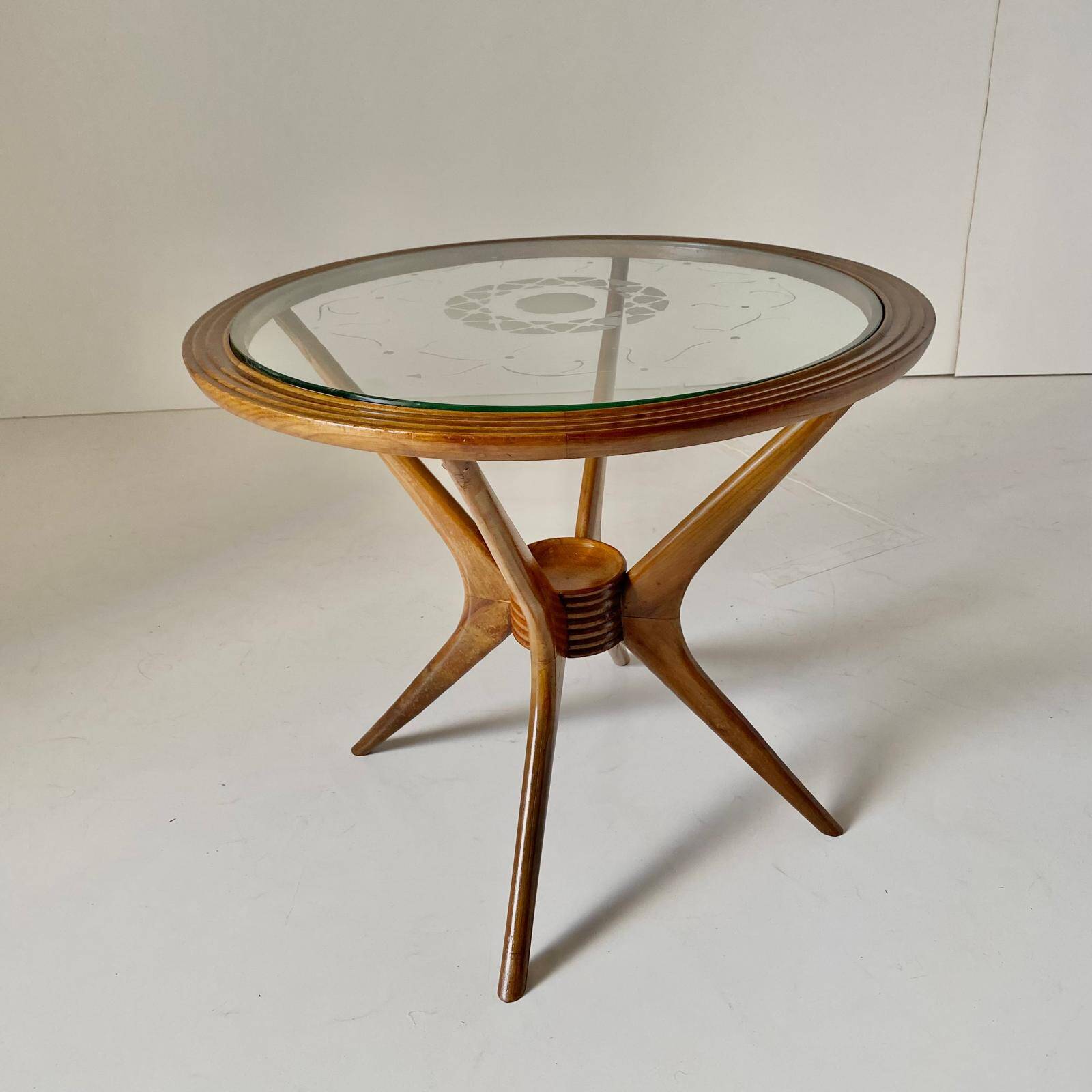 Curved Wood Spider Leg Coffee Table, Wood & Glass, Italy 1950s