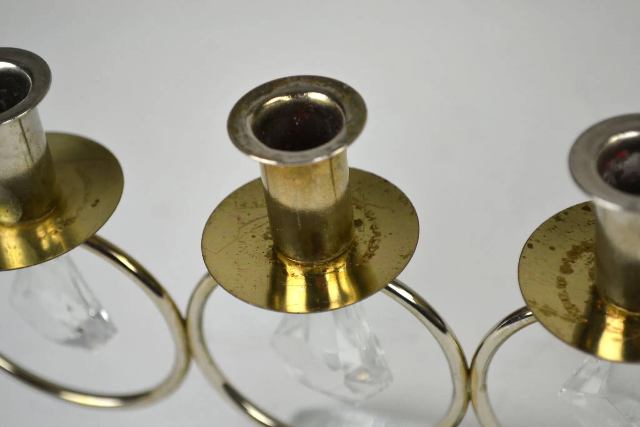 Brass Candelabra with Art Glass Base and Glass Prisms by Gunnar Ander for Ystad-Metall, Sweden, 1950s