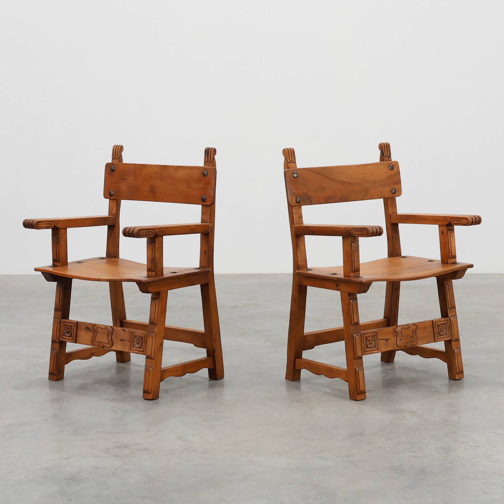 Pair of 2 Rustic carved oak side chairs, Spain ca. 1900