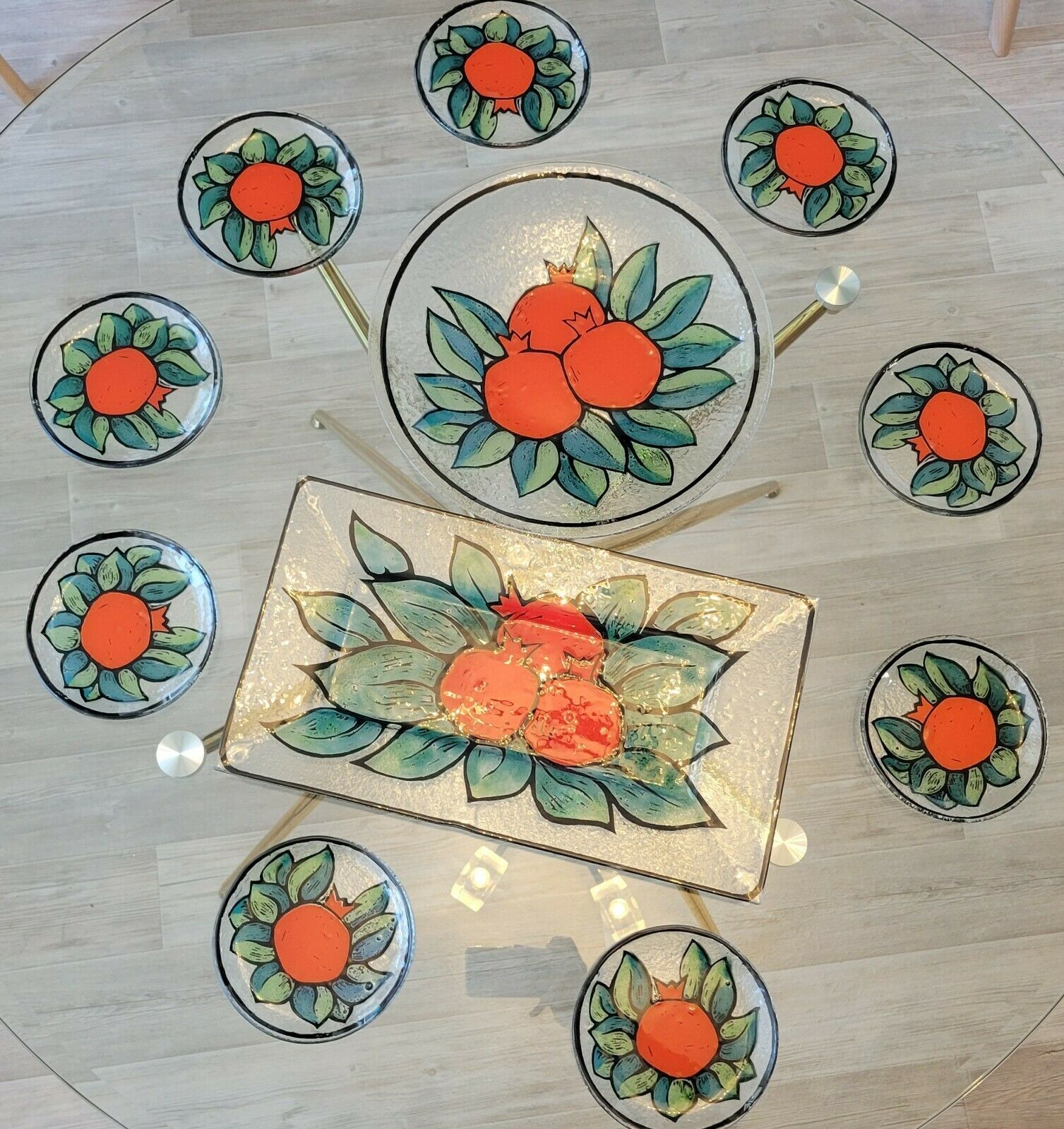 Dessert service in glass decoration fruits pomegranates signed