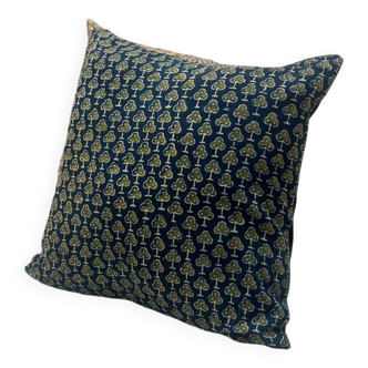 Indian cushion cotton block print flowers "forest" pattern - green/blue