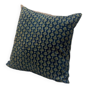 Coussin indien coton block print fleurs motif "foret" - vert/bleu
