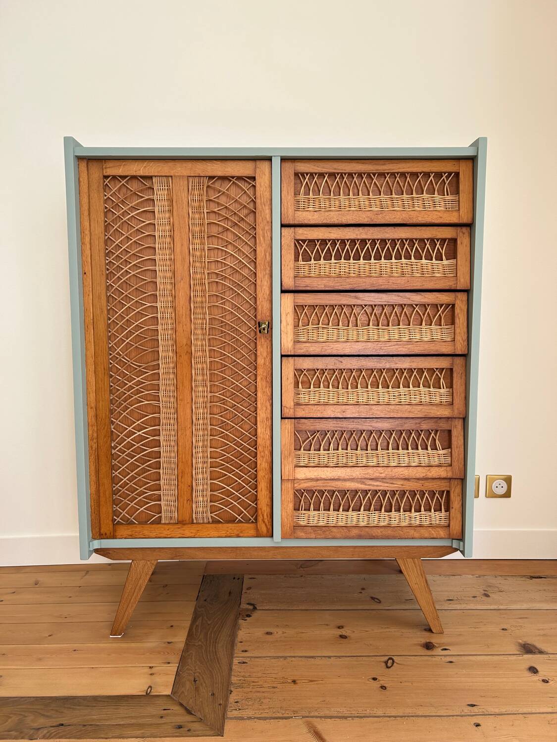 Oak and rattan wardrobe / chest of drawers