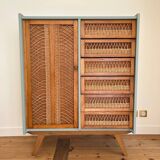 Oak and rattan wardrobe / chest of drawers