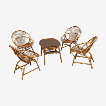 Salon de jardin vintage en rotin 4 chaises 1 table