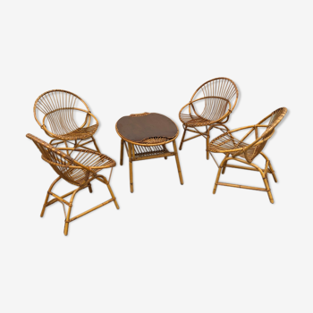 Vintage garden lounge in rattan 4 chairs 1 table
