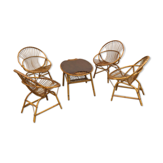 Vintage garden lounge in rattan 4 chairs 1 table