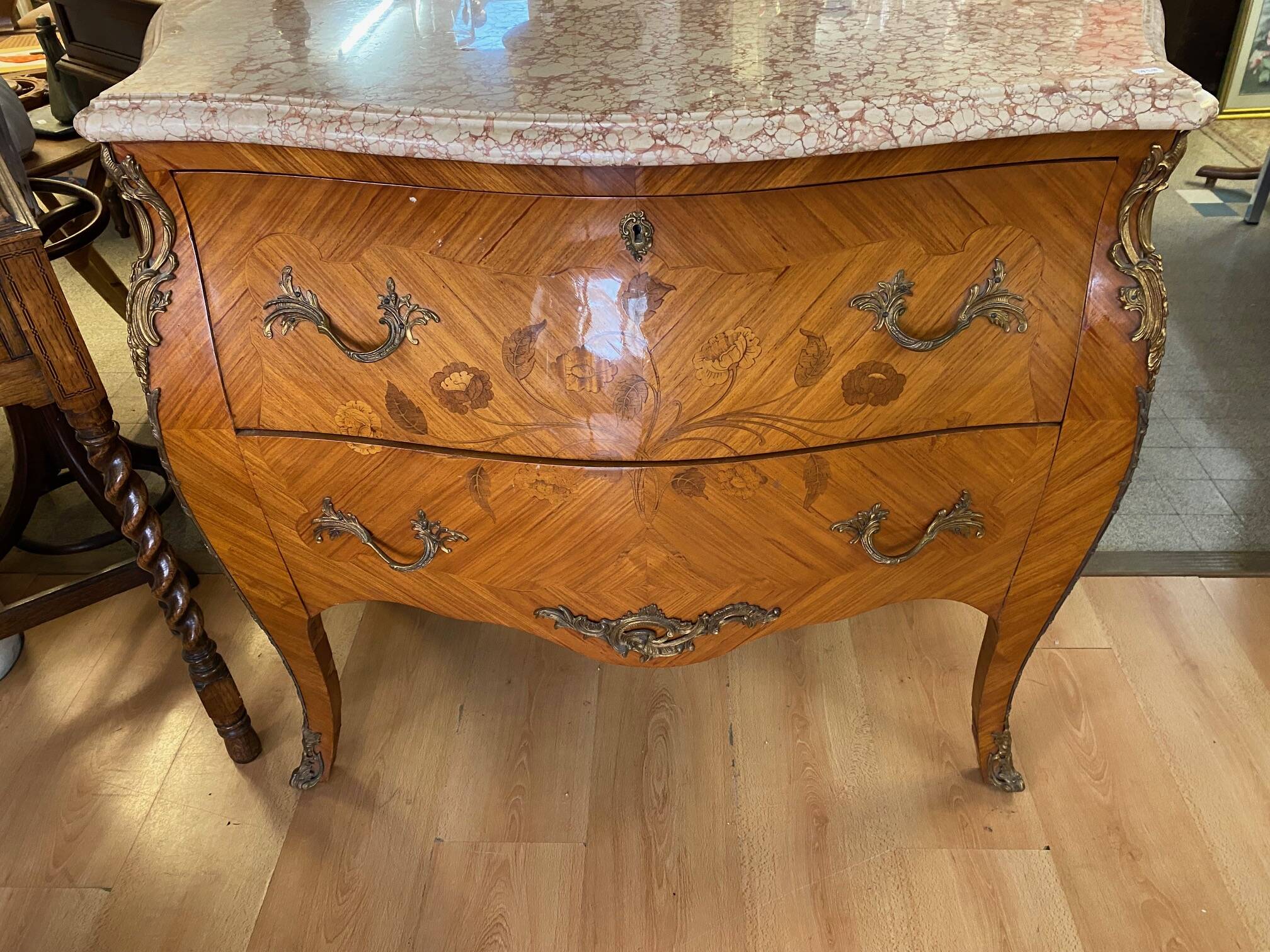 Louis xv style curved chest of drawers in marquetry with marble and embroidered floral decor