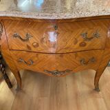 Louis xv style curved chest of drawers in marquetry with marble and embroidered floral decor