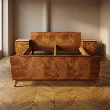 Vintage Czechoslovak bedroom set with burl veneer, bed and pair of nightstands, mid-20th century, 180 × 195 cm