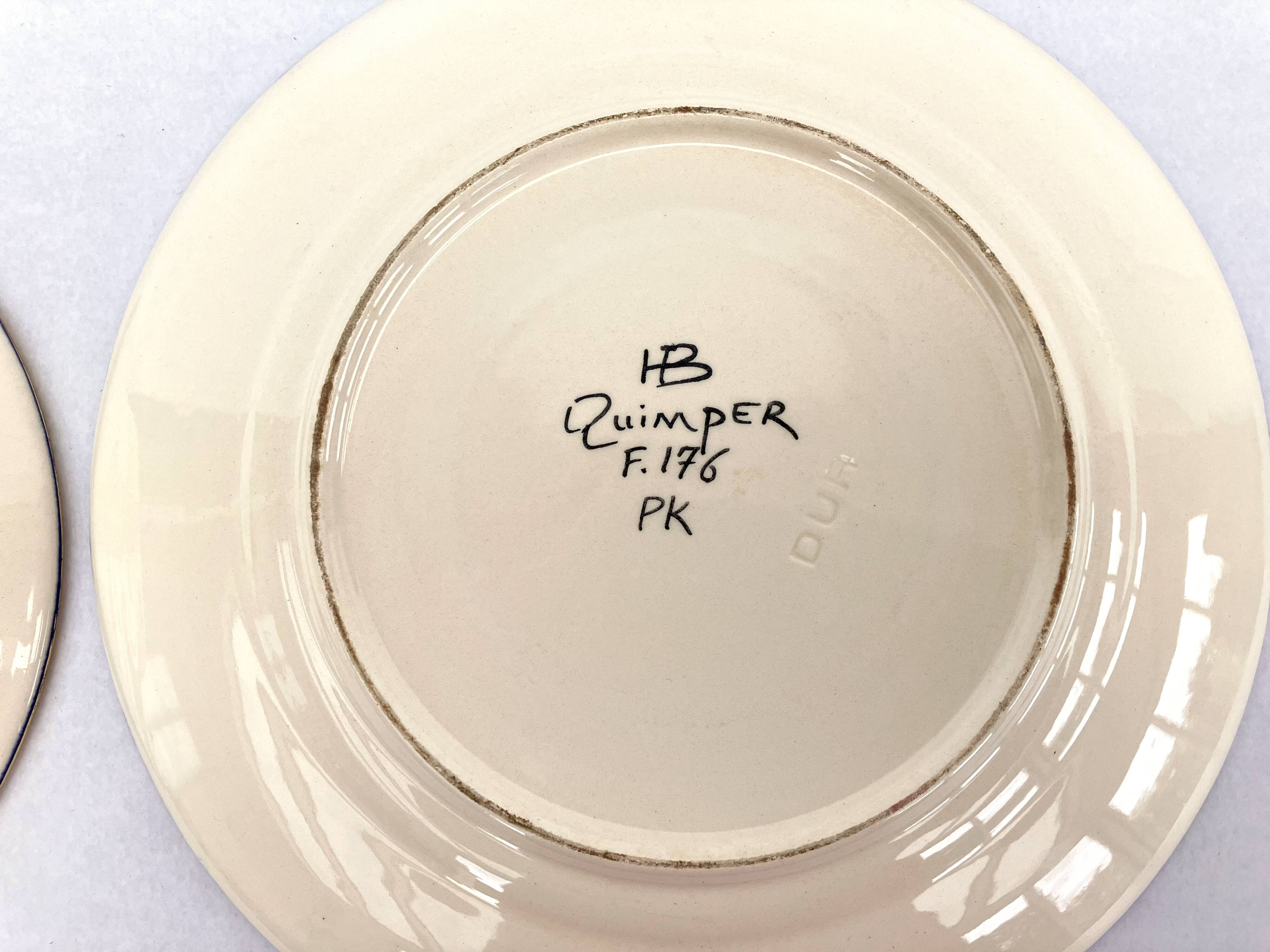 2 enamelled earthenware plates signed HB Quimper • Embroidery or beaded decoration by Pierre Poquet in relief