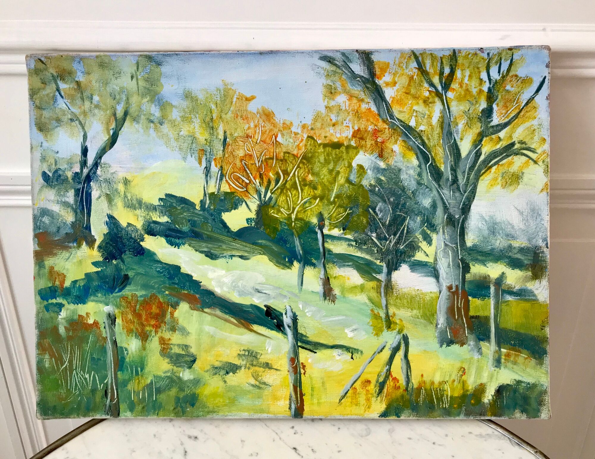 Painting oil on canvas landscape fields and vintage forest