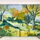 Painting oil on canvas landscape fields and vintage forest