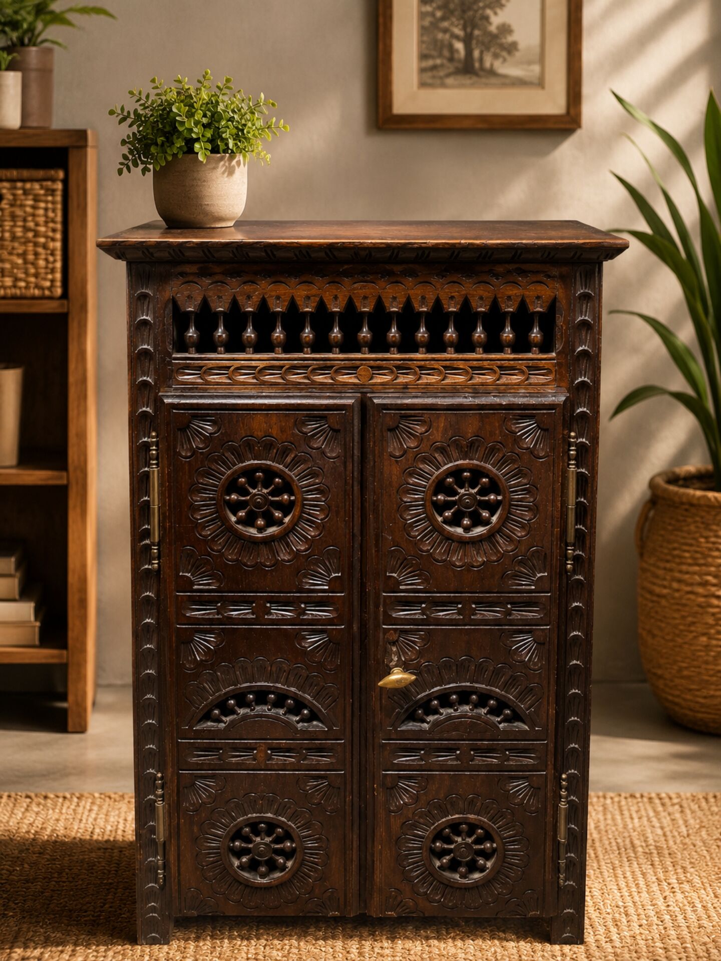 Small antique side table in carved wood.