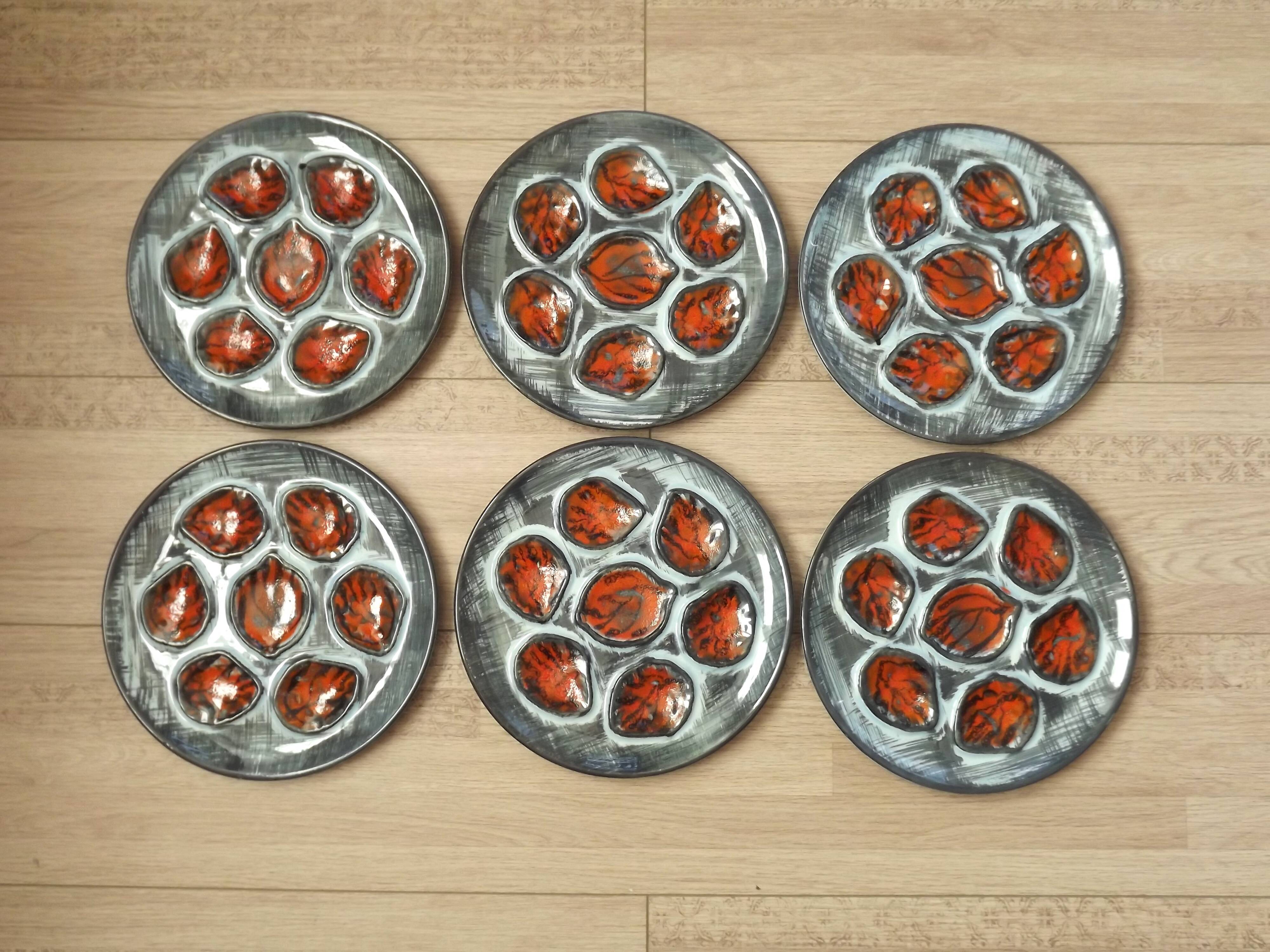 Set of 6 Vintage French Blue Grey & Orange Hand Painted Pordic 6 Serving Oyster Plates 4973