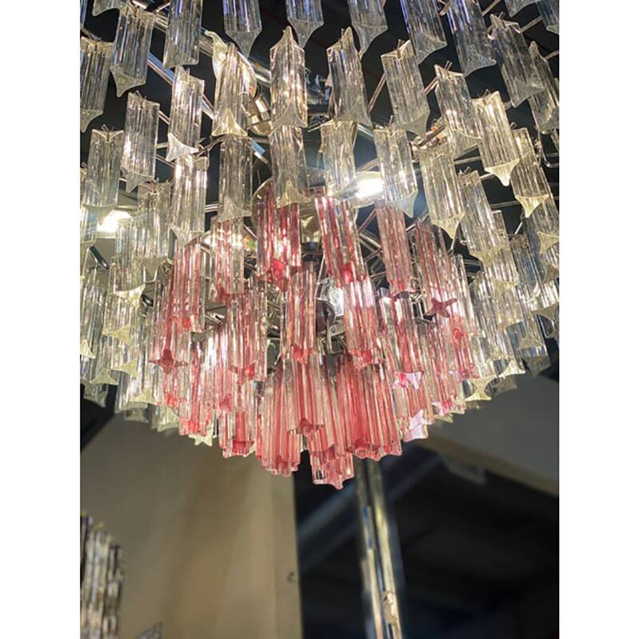 Vintage Clear and Pink “Triedro” and Quadriedro Murano Glass Chandelier