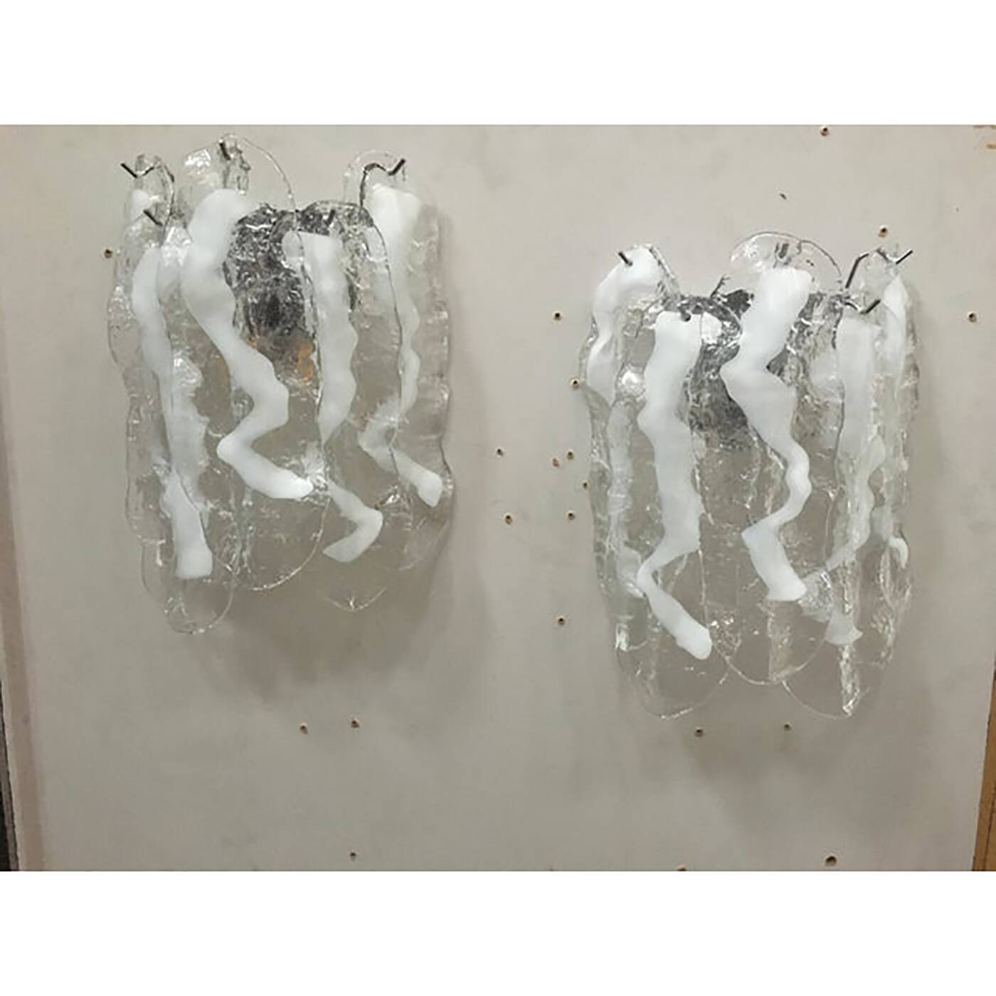 Lot of 2 Transparent and White “Fiamma” Murano Glass Wall Sconces