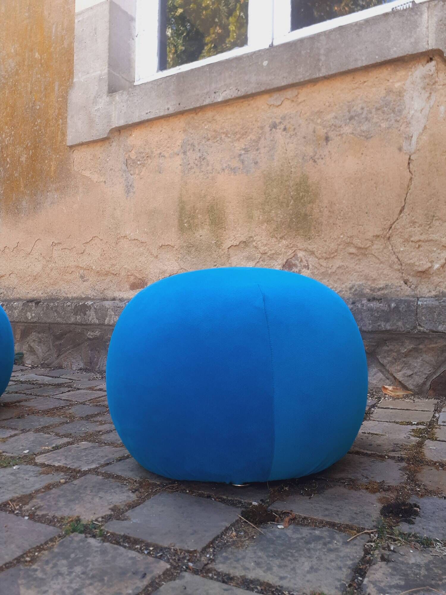 Pair of stools, blue ball ottoman from the 80s.