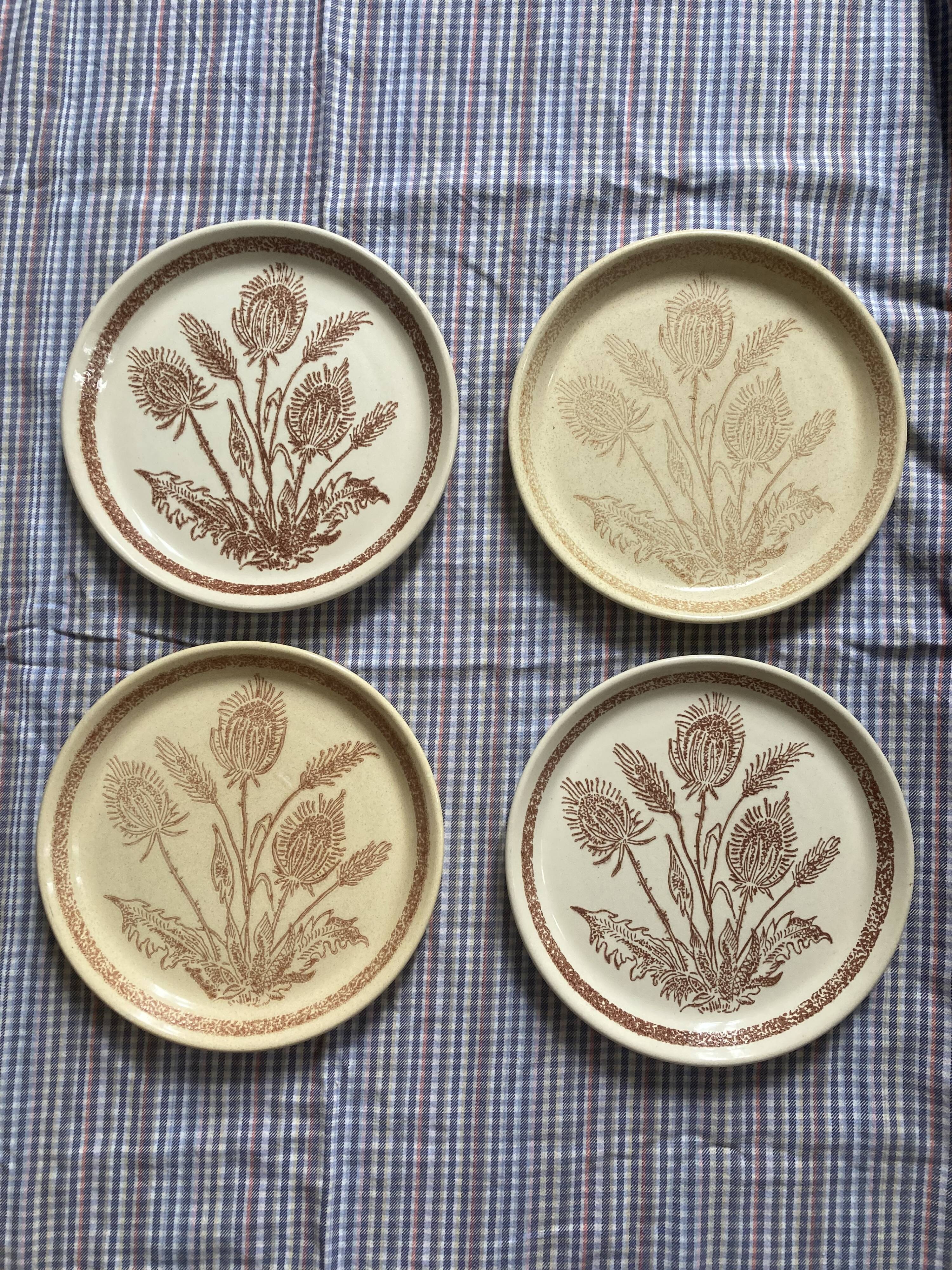 Flat stoneware plates decorated with vintage country flower 1960