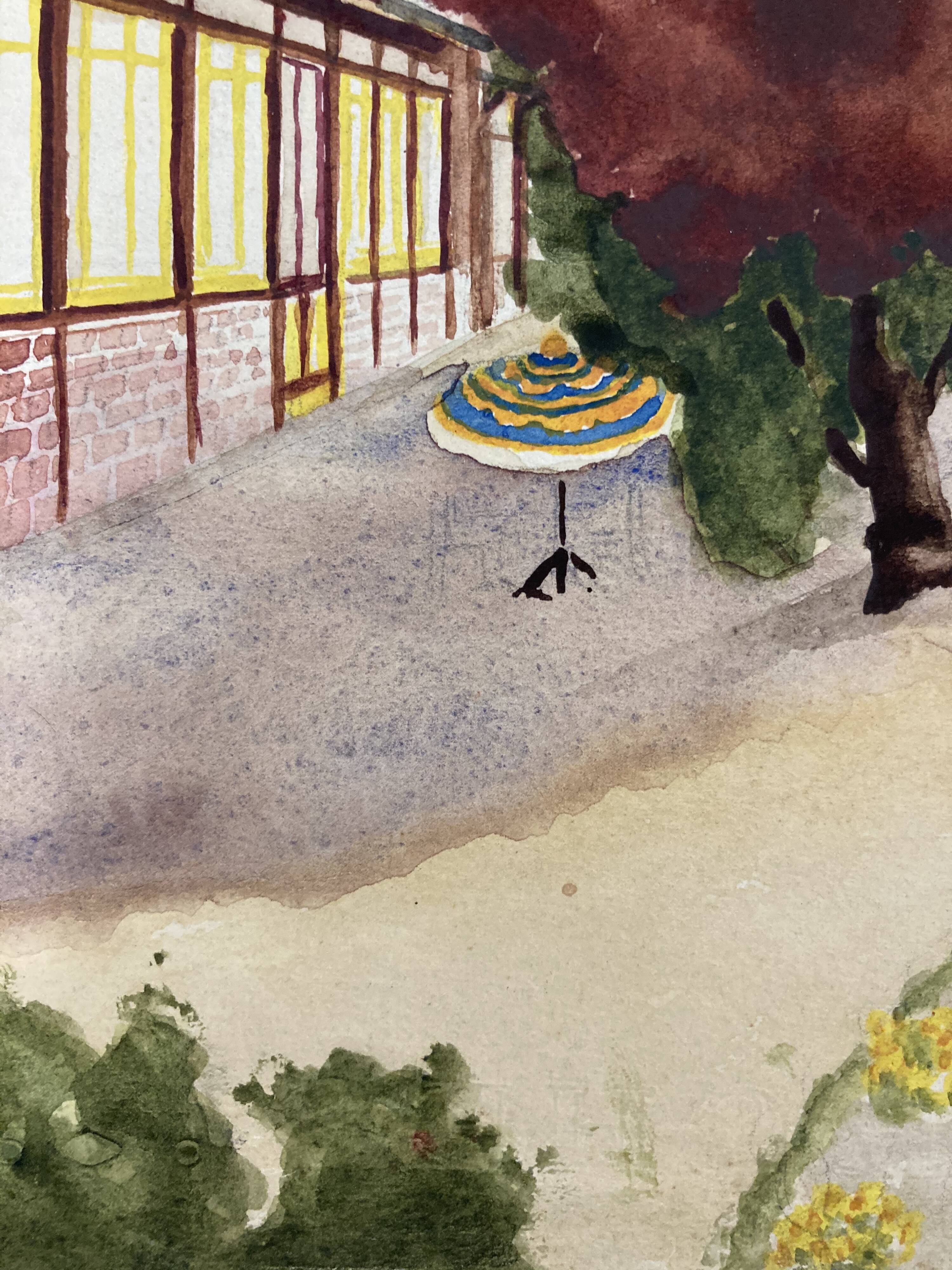 Watercolor landscape with parasols