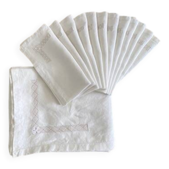 Antique English embroidery tablecloth and its 12 napkins - 230x145 cm - Linen