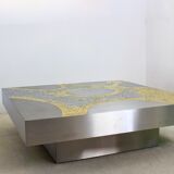 Table basse en acier inoxydable et laiton par Jean Claude Dresse