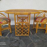 Vintage rattan tête-à-tête table with 2 armchairs