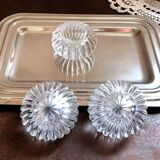 Trio of salt shakers, pepper shakers, molded glass salt shakers