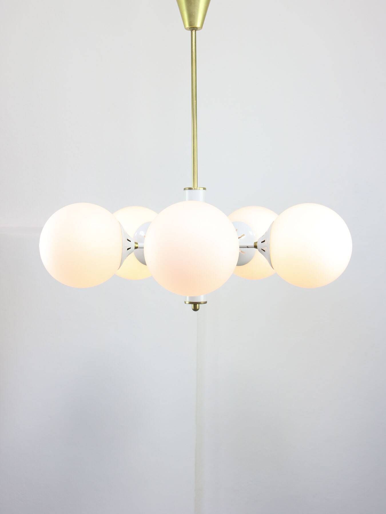 Vintage Italian Brass and Opaline Sputnik Chandelier, 1970s