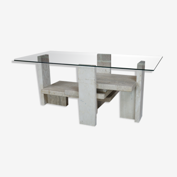 Willy Ballez travertine coffee table and design glass