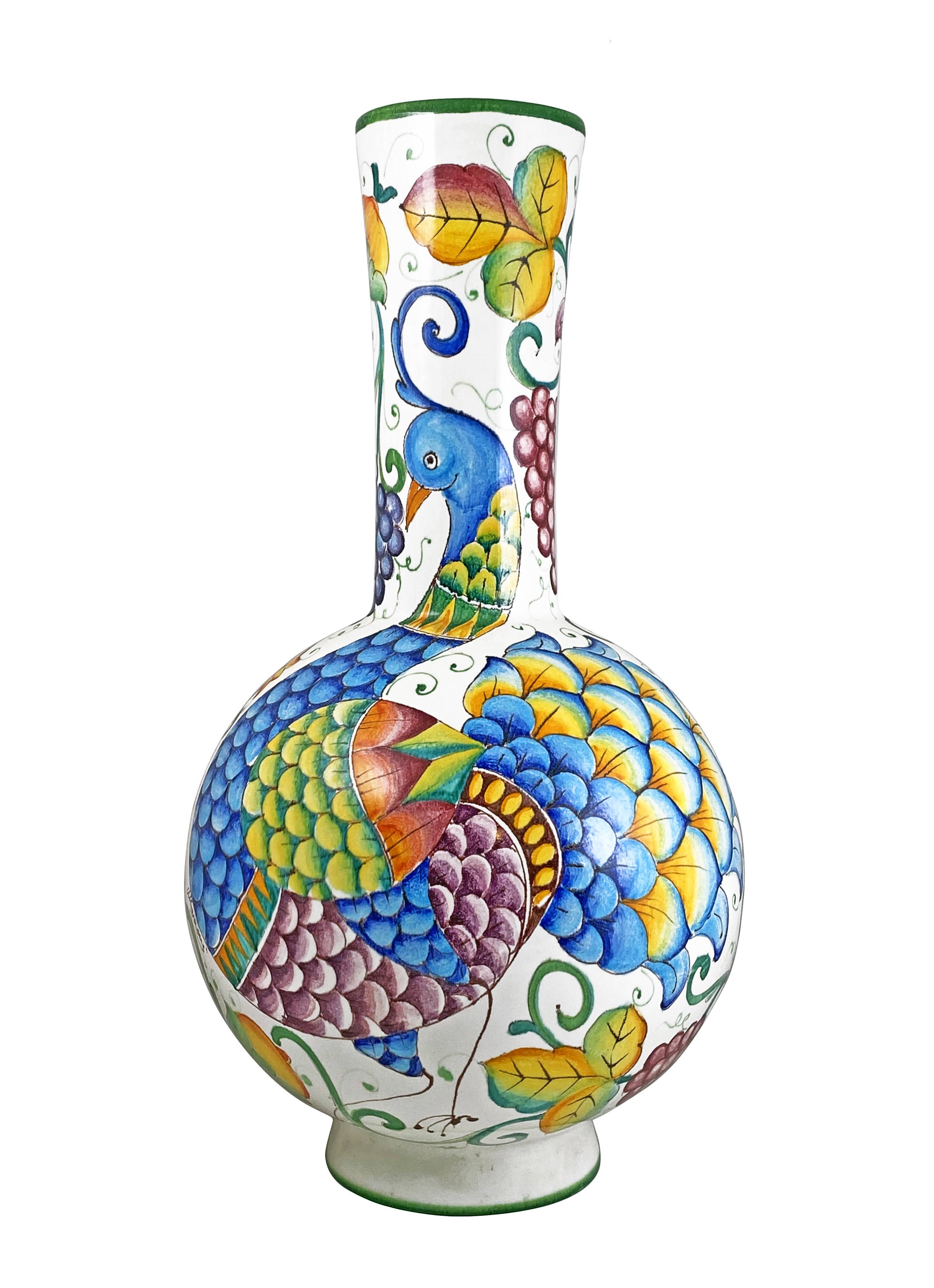 Large 1980s decorative vase hand painted enamel height. 63 cm. Italian manuf. Paolo MARIONI