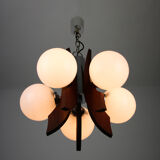 Lustre danois à 5 lumières en verre opalin et bois