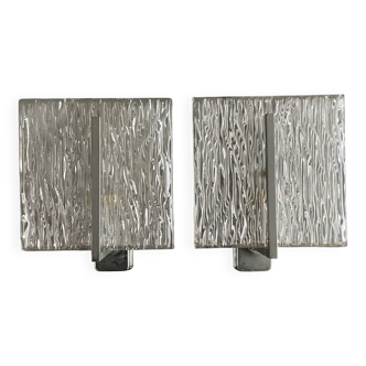 Set of vintage wall lights, ‘ice’ glass and metal, 1970s