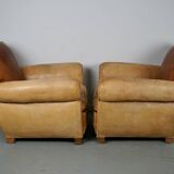 Pair of French Cognac Moustache Back Leather Club Chairs, 1940s