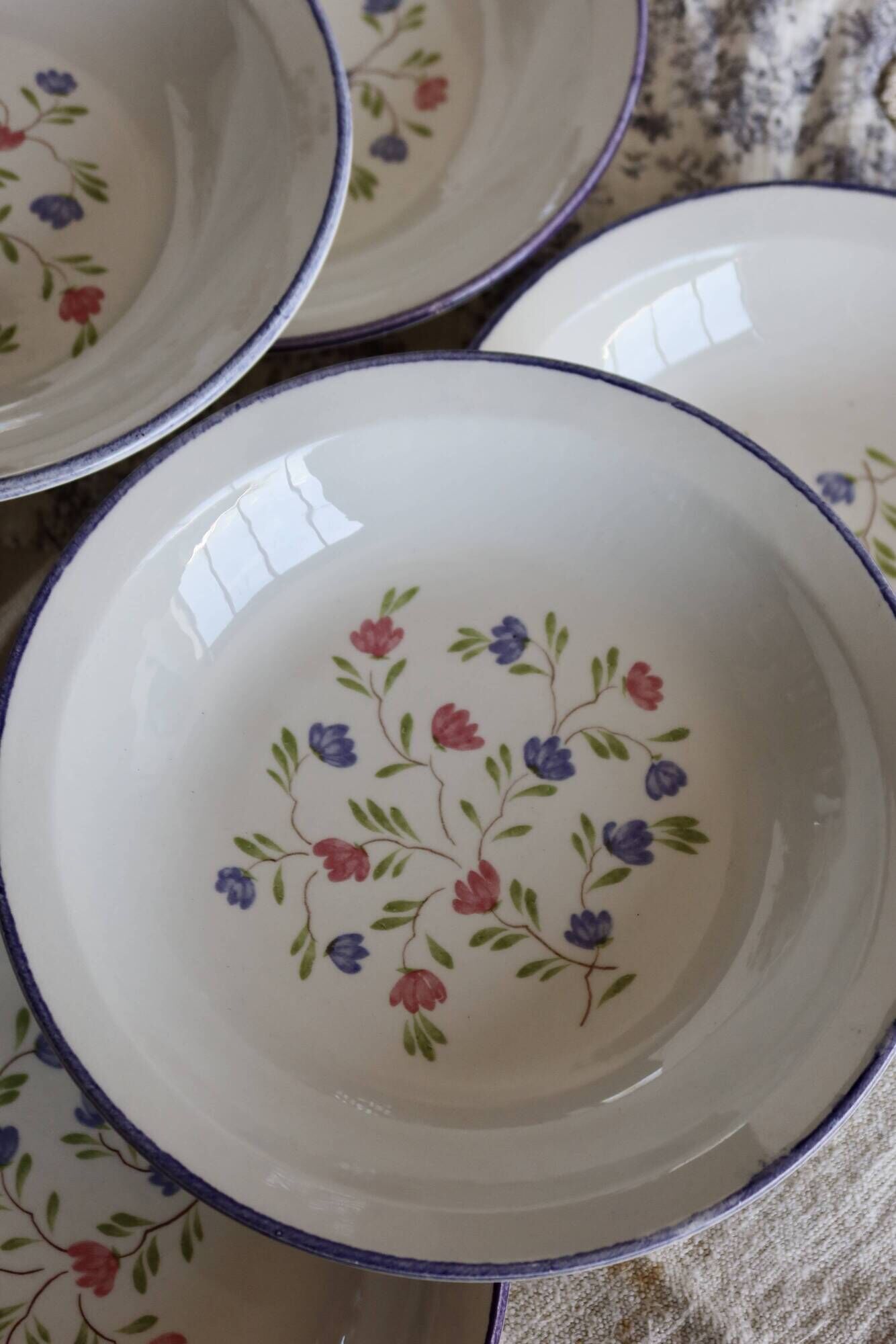 6 vintage porcelain Moulin des Loups soup plates with lilac floral pattern
