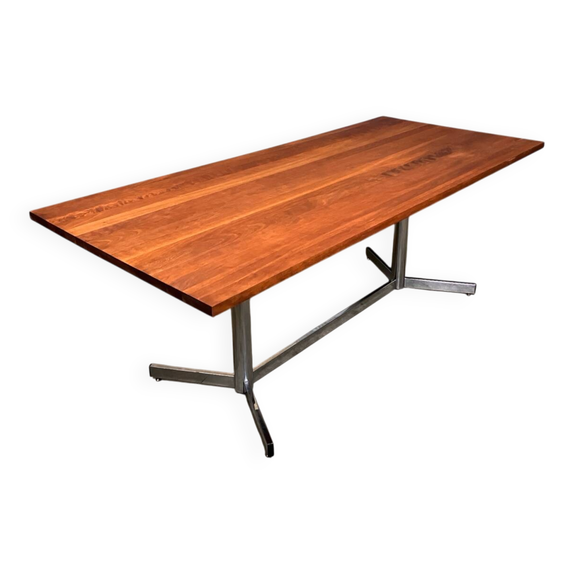 Table de salle à manger vintage chromée en merisier massif de style industriel