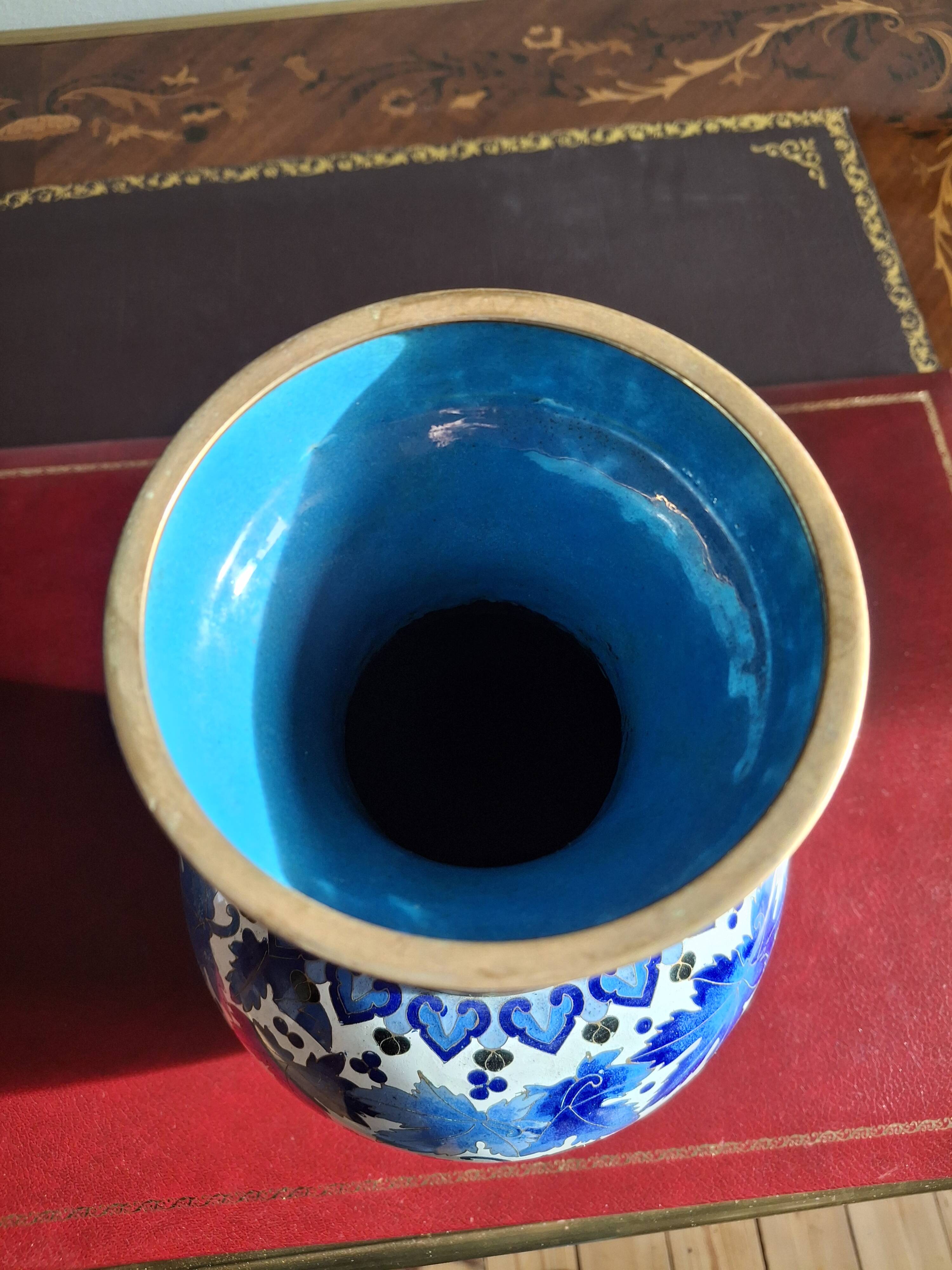 Grand vase en émail cloisonné 30,5 cm bleu intense